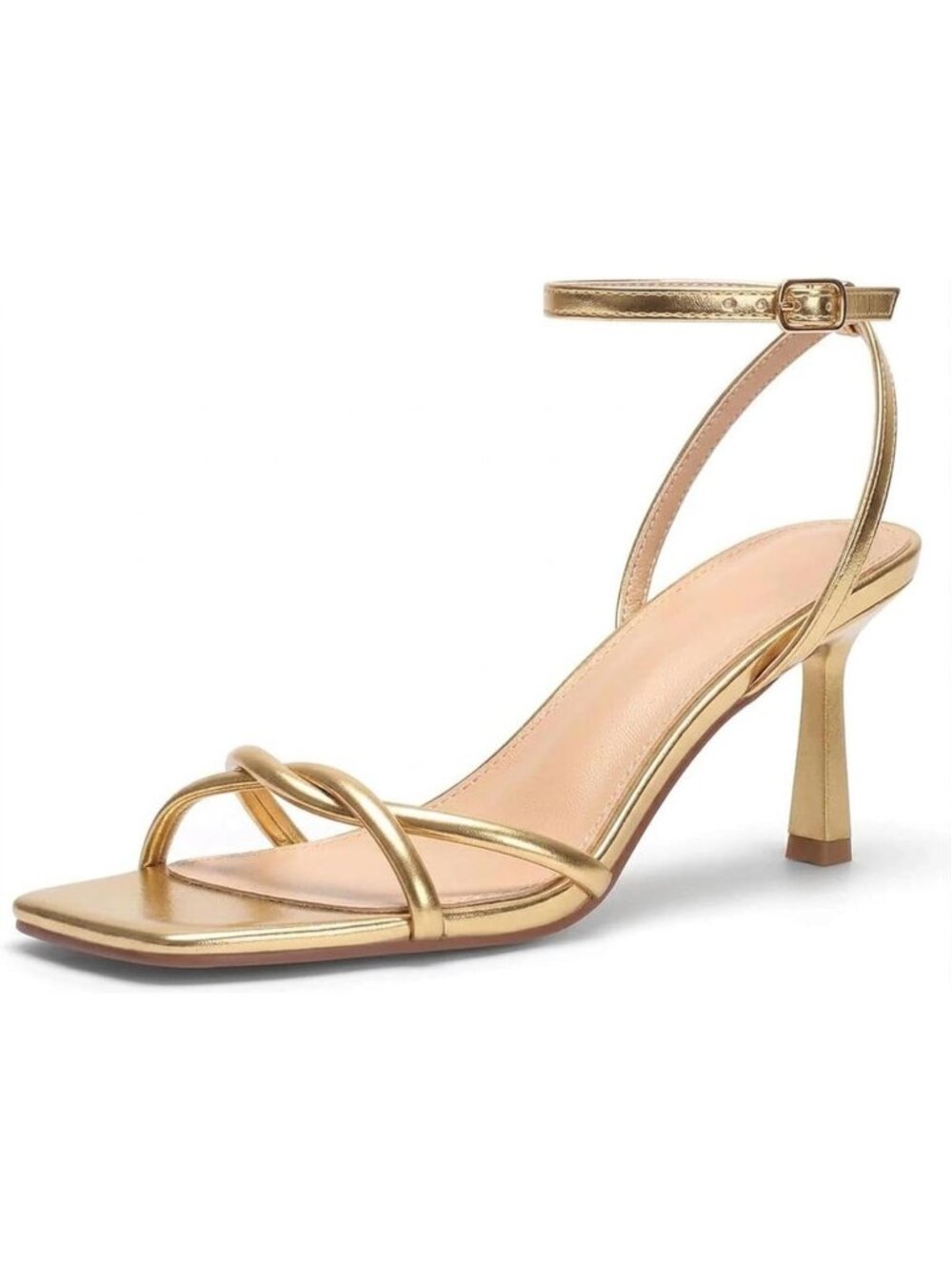 Women's Golden Elegant Square Open Toe Strappy Comfortable Kitten Heels Sandals
